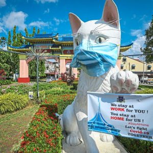 The White Cat statue at Padungan in Kuching wearing a face mask and holding a banner from the Kuching South City Council reminding the public to stay at home. -  ZULAZHAR SHEBLEE / THE STAR