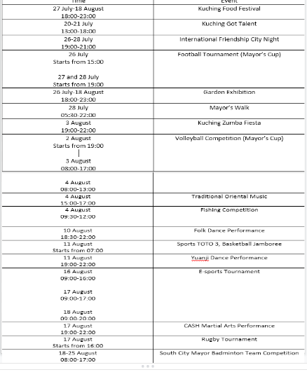 timetable for the events for Kuching Festival 2019