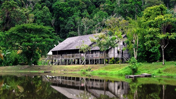 A Sarawak longhouse constructed of bamboo and wood
