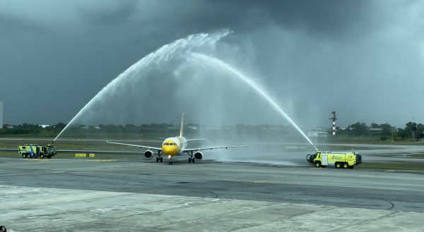 Scoot’s A320 aircraft is greeted with a ceremonial two-hose ‘water salute’ upon reaching Miri International Airport
